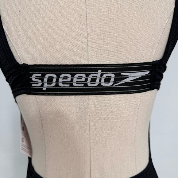 NWT Speedo Rib Logo One Piece Swimsuit Black Swimwear UPF 50 Pool Beach Size 6 - Picture 5 of 12